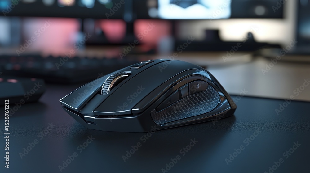 Poster a sleek black wireless computer mouse rests on a desk with blurred monitors in the background, highl