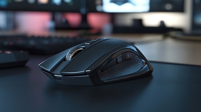 A sleek black wireless computer mouse rests on a desk with blurred monitors in the background, highlighting a modern workspace setup.