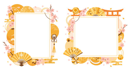 Japanese floral frames featuring sakura blossoms and cultural motifs vector illustration