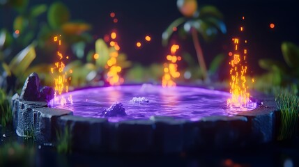 Magical purple pool, fire, jungle, night, fantasy, game, background, design