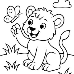 A playful lion cub curiously interacts with a fluttering butterfly, drawn in a simple black-and-white outline for easy coloring.