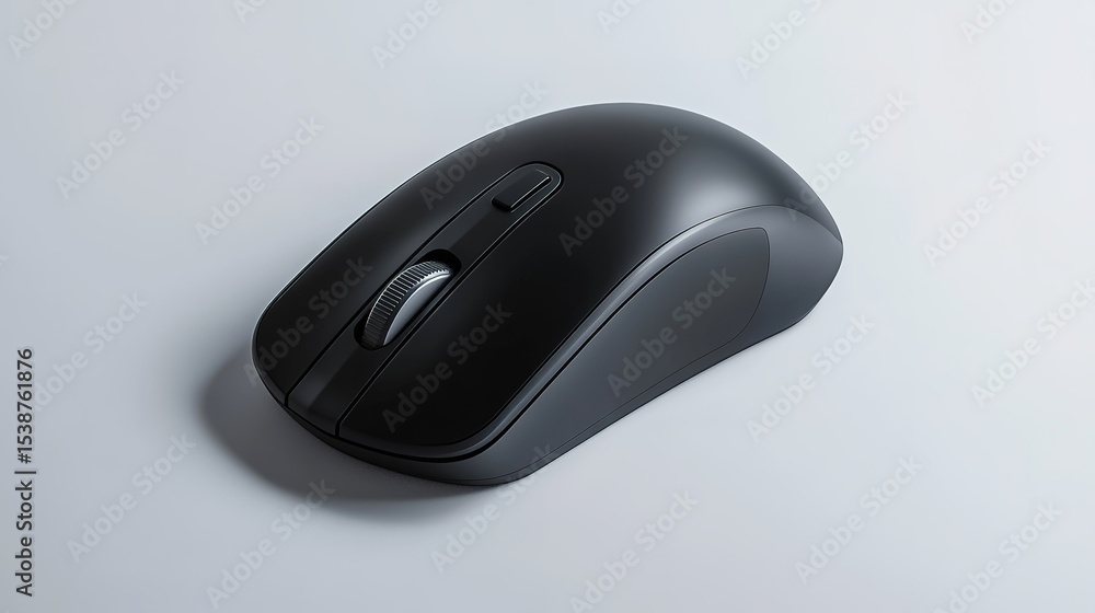 Poster a sleek black wireless computer mouse with a scroll wheel, displayed on a plain white surface.