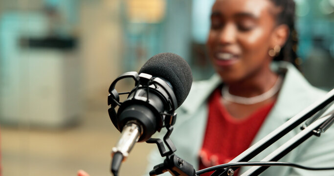 Mic, black woman and talking in studio for broadcast, podcast recording and guest on talk show. Audio equipment, speaker and live streaming for radio channel, news announcement and entertainment host