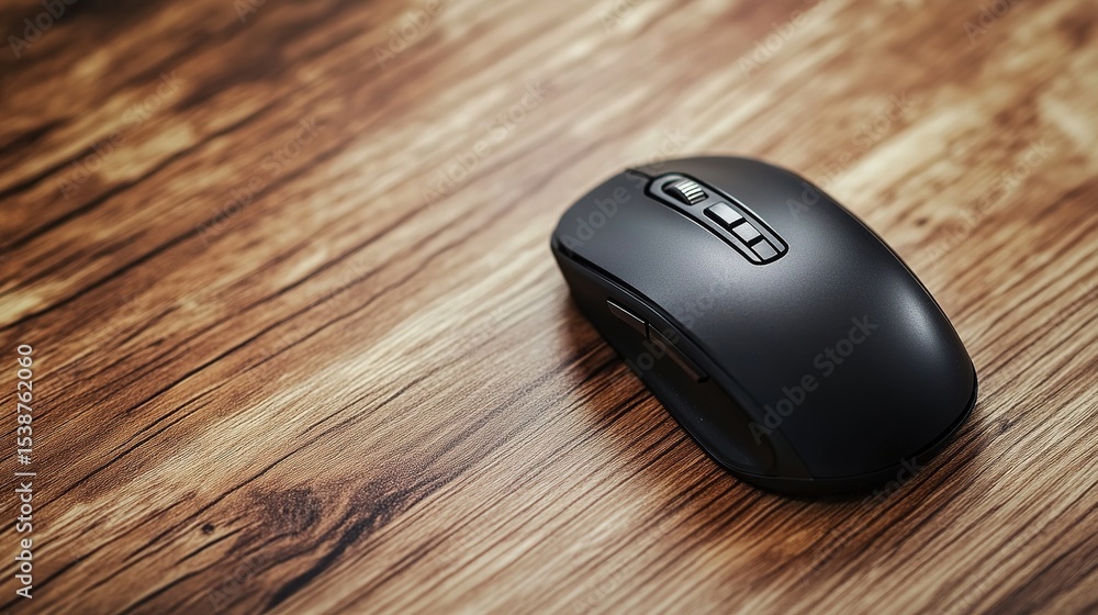 Poster a sleek black wireless computer mouse placed on a textured wooden surface with natural grain pattern