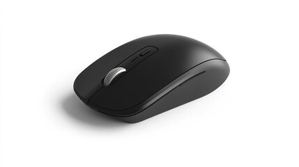 A sleek, black wireless computer mouse with a scroll wheel and side buttons on a white background.