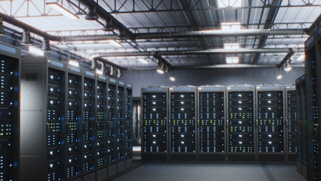 Futuristic Data Center with Server Racks in Big Warehouse. Animated Visualization of Internet Servers, AI Information Technology and Cybersecurity. Concept of IOT and Digitalization. VFX Animation.