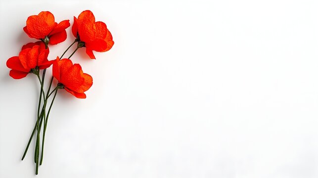 Red flowers, white background, flatlay, copy space, remembrance