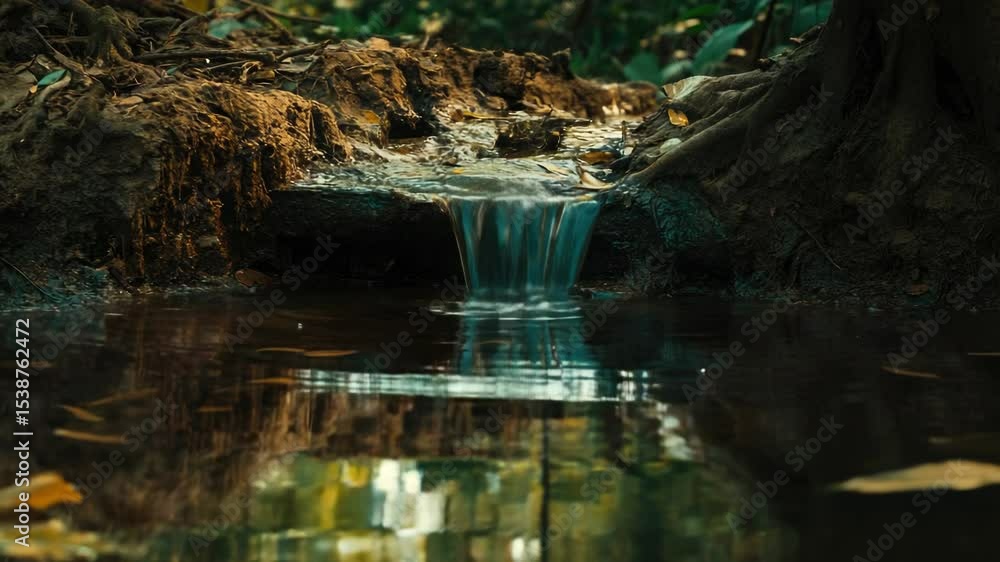 Poster a small stream runs through the forest floor, surrounded by trees and foliage