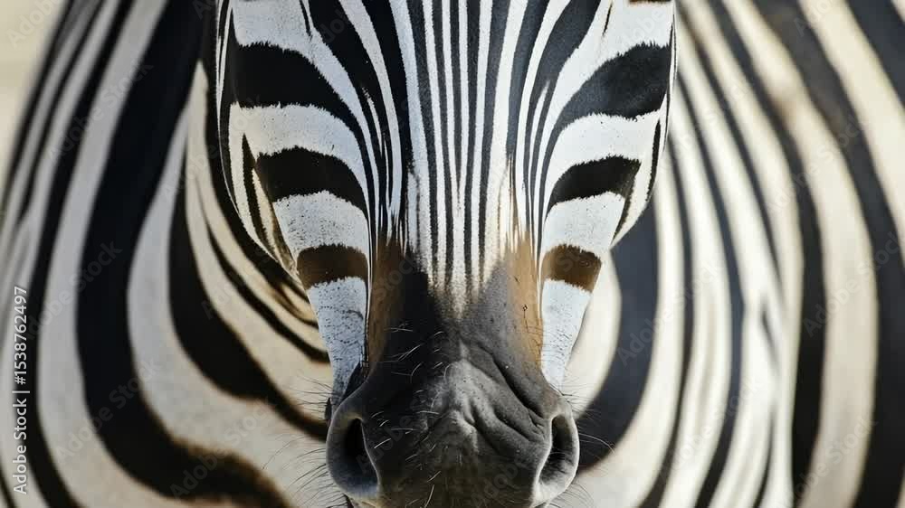 Poster close-up shot of a zebra's face with distinctive stripes and eyes looking straight into the camera
