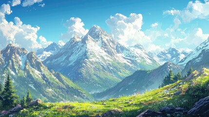 Fototapeta premium Breathtaking Mountain Landscape with Snow-Capped Peaks and Vibrant Green Valley Under Clear Blue Sky