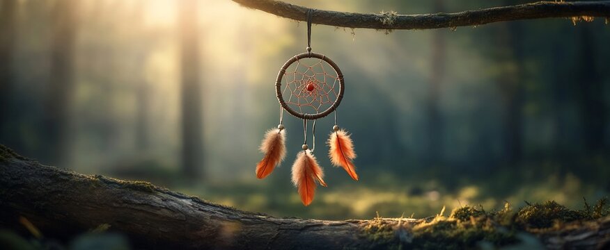 Dreamcatcher hanging in a sunlit forest