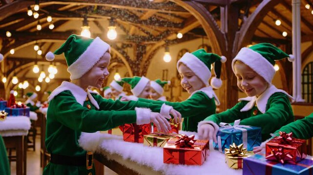 Christmas elves wrapping gifts in santa's workshop