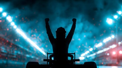 Silhouette of a race car driver lifting arms in celebration under intense stadium lights after a dramatic win
