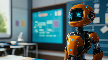 Orange robot in a classroom with a screen displaying data and rows of student desks visible