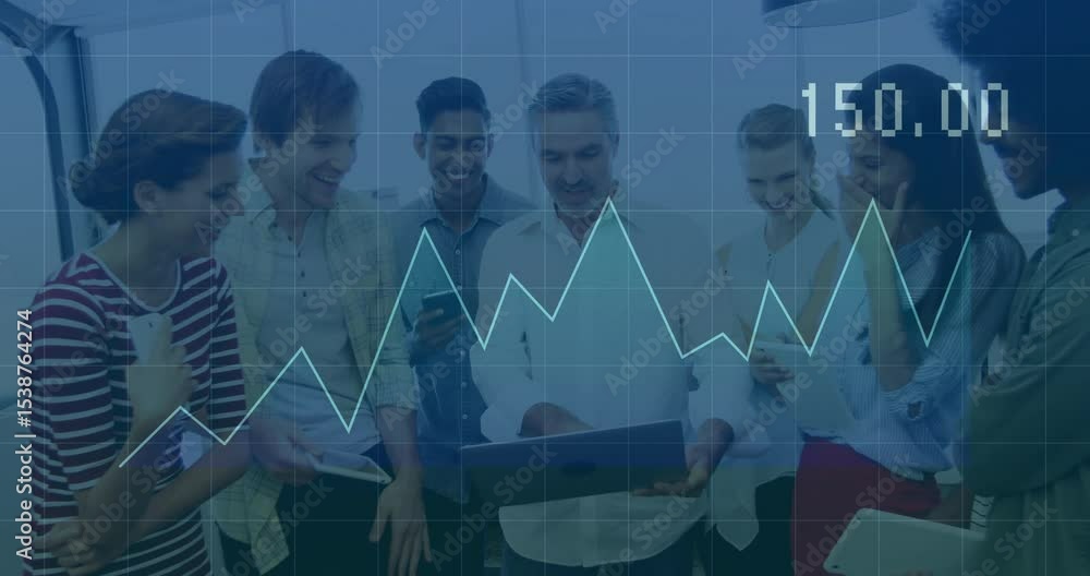 Poster team collaborating around laptop initiating line graph overlay for analyzing business growth data