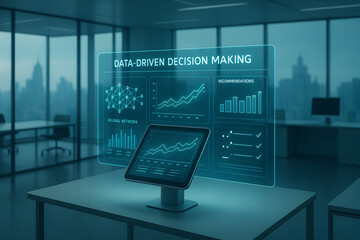 Data driven decision making concept with digital interface displaying charts and graphs in modern office setting