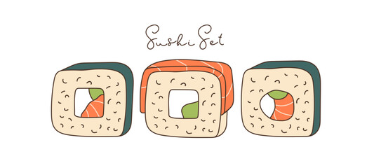 Sushi set. Salmon Rolls with avocado, cream cheese, rice served sketch. Hand drawn lineart vector illustration. Sign for Label, Poster, bar logo, menu design. Traditional fresh japanese sushi rolls.