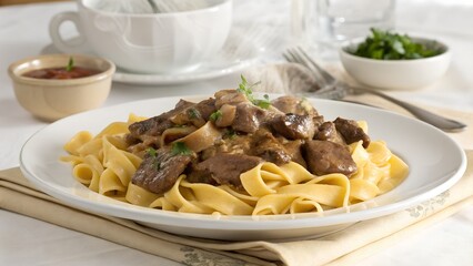 Delicious beef stroganoff with egg noodles