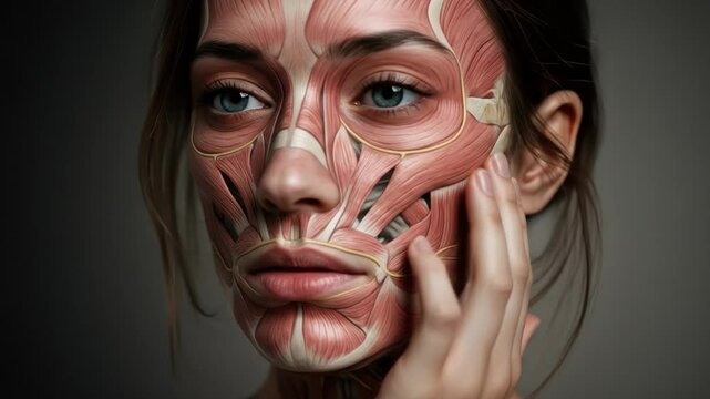 Female Face Anatomy, Muscle Structure - Close-up of a young woman's face digitally enhanced to show the underlying muscle structure.