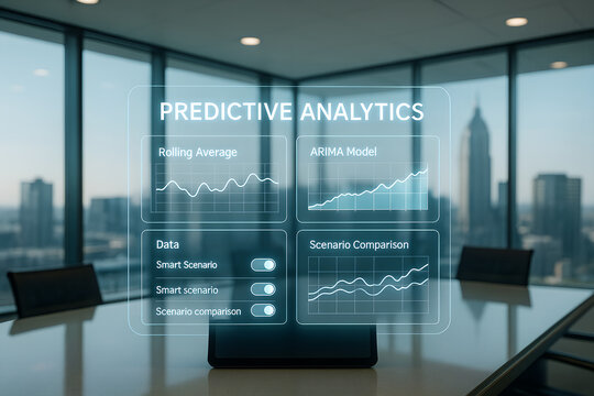 Predictive analytics interface in modern office setting for business data analysis and forecasting solutions
