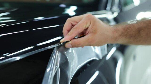 Detailer worker cuts with knife wrapped and installed PPF for car protection film on vehicle.