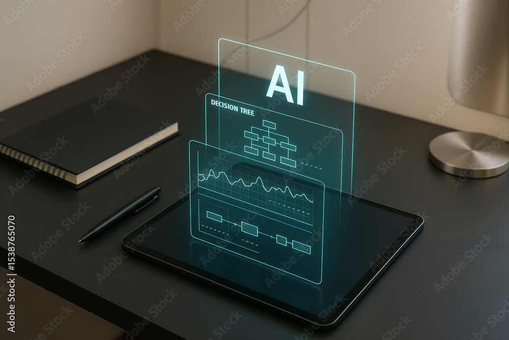 Poster artificial intelligence decision tree analysis concept on digital tablet in modern workspace