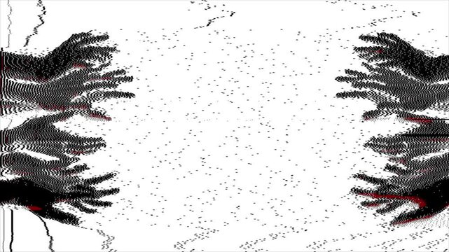 Dithered Grayscale Abstract with Reaching Hands on White Noisy Background