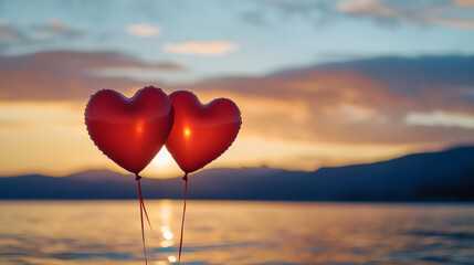 Two heart-shaped red balloons floating at sunrise on the sea, with a blurred background of mountains and sky, leaving space for text or a picture.