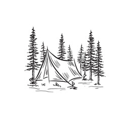 Obraz premium Hand drawn camping tent in pine forest vector. Sketch tent and pine tree line art