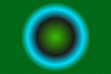 A vibrant graphic featuring a circular shape with a glowing neon blue outline, set against a background of dark green hexagons.