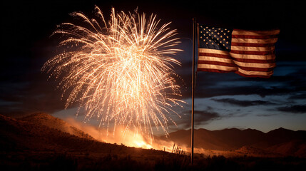 Silhouetted flag against a dramatic fireworks display over a desert landscape.