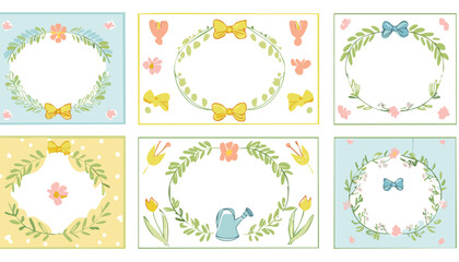 Vintage spring set of cute cards or posters in coquette style. Hand drawn whimsical frames with bows and ribbons. Lovely flowers, leaves, tulip, watering can, daffodil. Vector.illustration, template, 