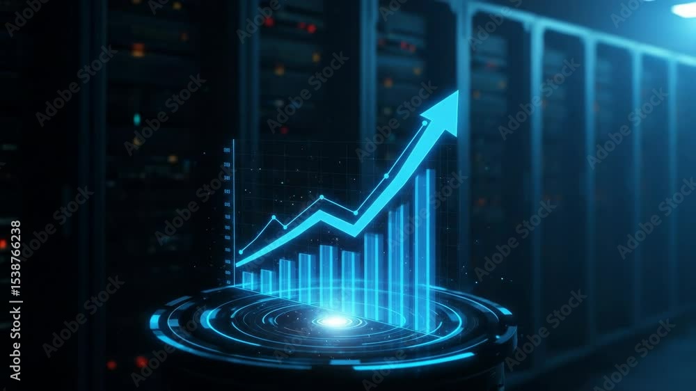 Poster data center growth and success - a futuristic, glowing blue bar graph and line graph with an upward-