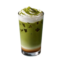 Iced matcha latte with whipped cream isolated on transparent background