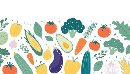 Hand drawn colorful vegetables and salad. Modern abstract minimal style. Healthy organic food. Tomatoes, onion, zucchini, eggplant, leek, potatoes, corn, peppers, beet. Vector.corn, graphic, harvest, 