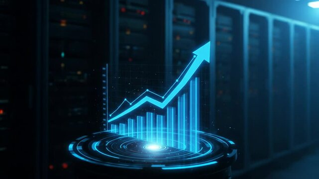 Data Center Growth and Success - A futuristic, glowing blue bar graph and line graph with an upward-pointing arrow are shown on a holographic display in a modern data center.