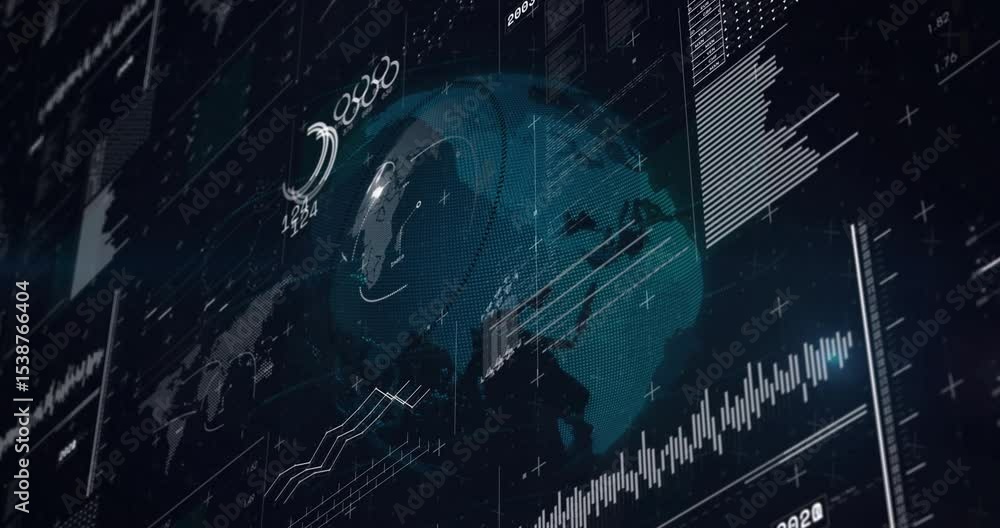 Poster teal grid dots forming 3d globe as rotating slowly updating numeric overlays and filling bar chart