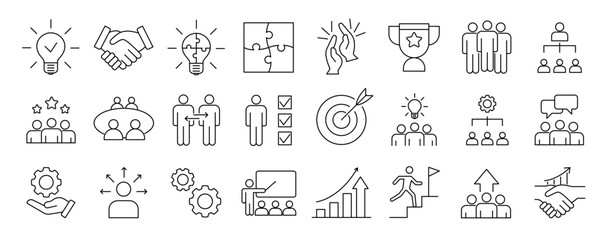 Teamwork icon set. Business related line icons. meeting, cooperation, support, collaboration, partnership, society, workshop, work group, human resource and more. Editable stroke. Vector illustration.