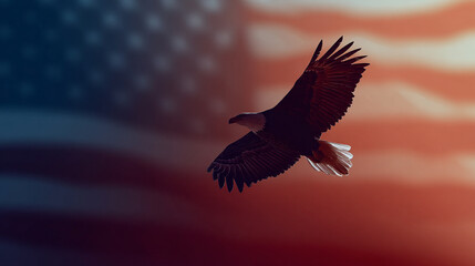 Fototapeta premium Minimalist flat design showing the silhouette of an eagle flying in front of a bold American flag backdrop. 