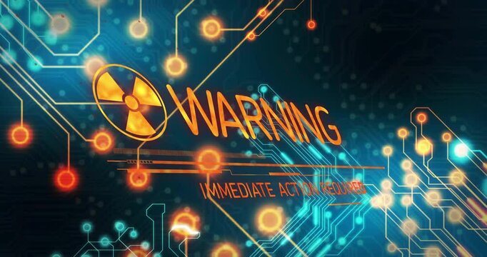 Circuit network initiating hazard icon morphing into WARNING text glowing circuits demanding action