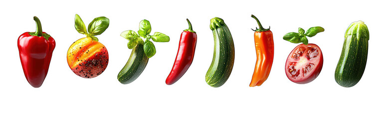 Row of diverse peppers, tomatoes, squash, and basil