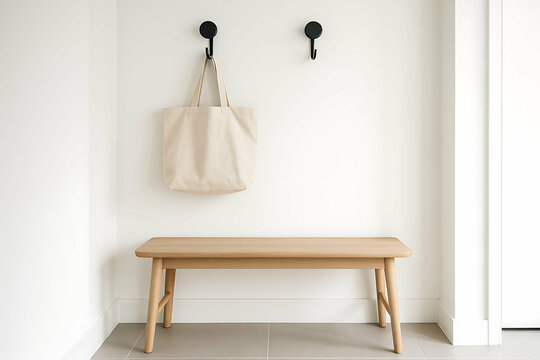 MinimalistD�cor. A minimalist entryway featuring a wooden bench and a beige tote bag hanging on two black wall hooks against a white wall.
