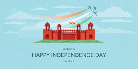 Red Fort Monument with Indian Flag and Fighter Jets emitting Saffron White Green Trails. Tricolor Sky. Independence Day Celebration. Flat Vector Illustration for Poster, Card, Banner, Web.