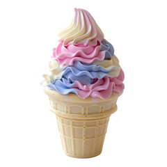 A whimsical ice cream cone topped with swirled pink, blue, and white soft serve, resting on a classic waffle cone.