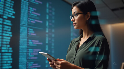 young woman using digital tablet looking for binary code