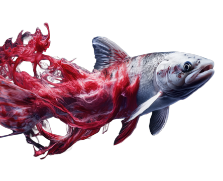 Salmon fish, dynamic red fluid trails