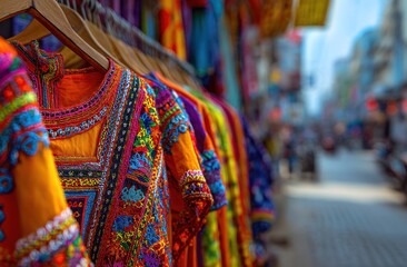 Colorful embroidered clothing on display