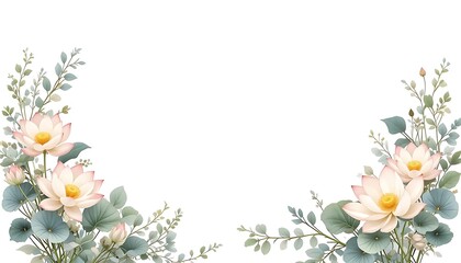 Obraz premium Vintage floral border with soft pastel roses, peonies, and leaves on white background. Perfect for wedding invitations, greeting cards, and elegant designs with space for text in the center.
