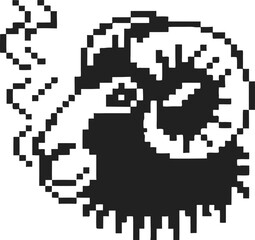 Fototapeta premium Pixel art ram head icon retro black and white animal emblem, stylized sheep illustration, vintage digital wool design