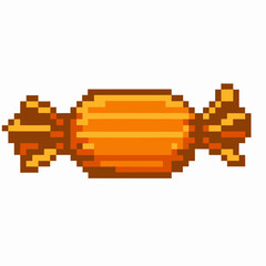 Retro pixel art candy illustration orange wrapped sweet, nostalgic 8 bit confectionery for digital games and design